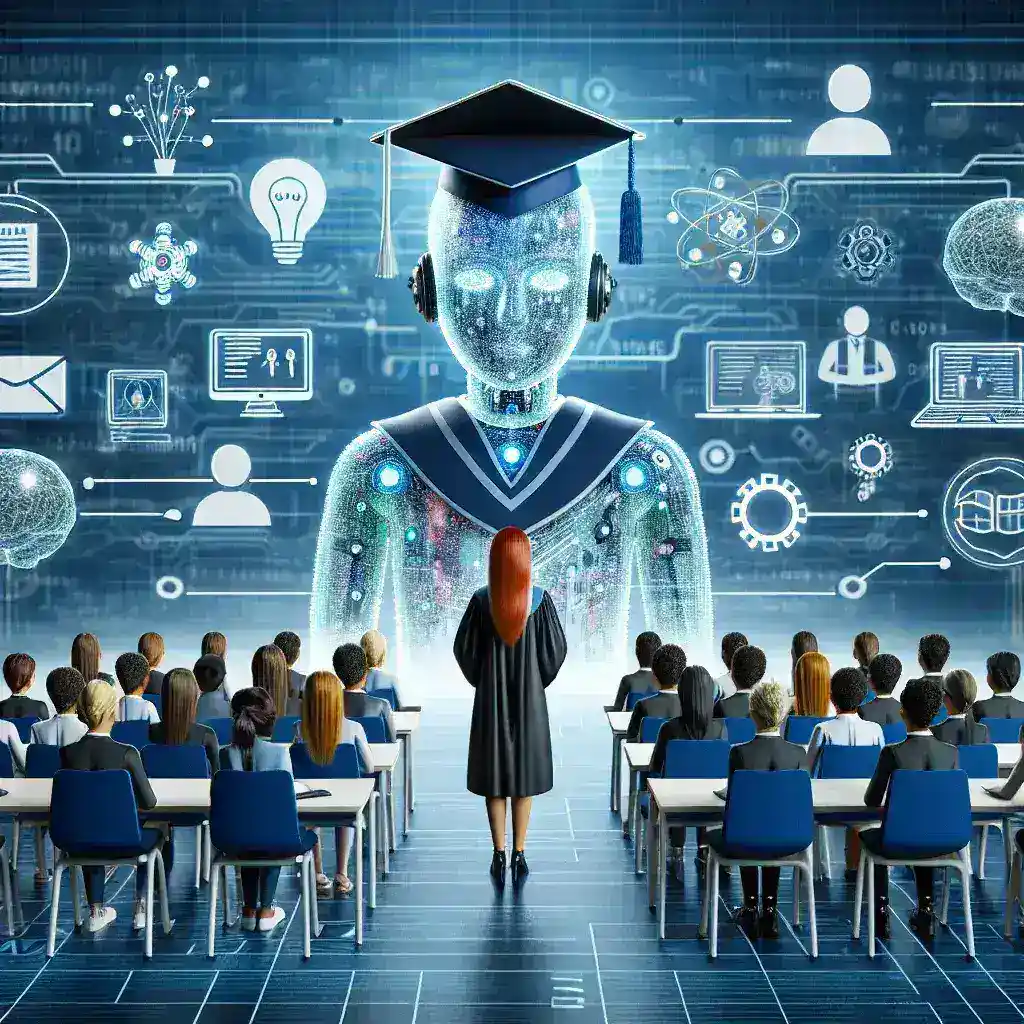 "Estudiantes interactuando con herramientas de Inteligencia Artificial en un aula virtual, demostrando la revolución del aprendizaje digital en la educación en línea"